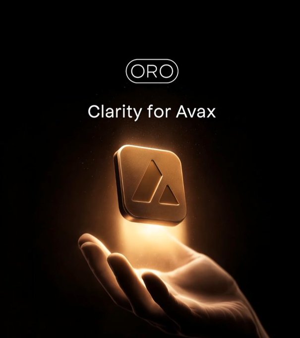 A glowing hand holds a golden Avax logo beneath the text "ORO" and "Clarity for Avax," visually representing the platform's promise of illuminating DeFi knowledge for Avalanche users through guided, conversational learning.