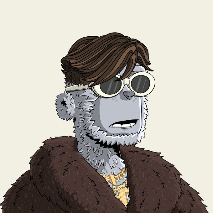 An illustration of a grey furry anthropomorphic character with brown hair, white-rimmed sunglasses, and a thick gold chain, wearing a brown fur coat.