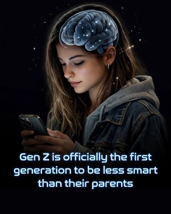 A young woman stares at her phone with a translucent, glowing brain floating above her head against a starry night background. Text on the image reads "Gen Z is officially the first generation to be less smart than their parents." The meme humorously suggests that Gen Z's declining intelligence explains why their memecoins aren't performing, blaming phone usage and shrinking brainpower for the lack of gains.