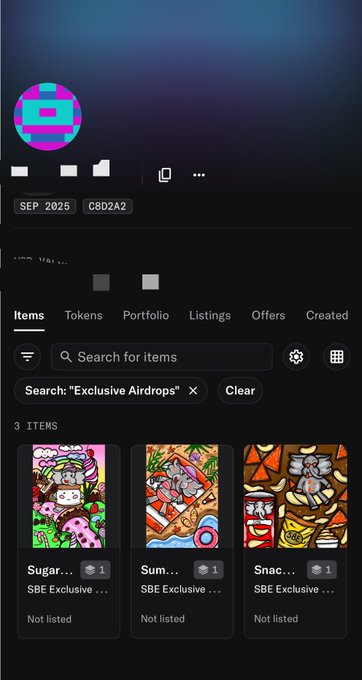 A dark-themed digital interface showing an account 'SEP 2025' with an 'Items' tab active, displaying three 'SBE Exclusive' NFT items titled 'Sugar...', 'Sum...', and 'Snac...', with a search filter for 'Exclusive Airdrops'.