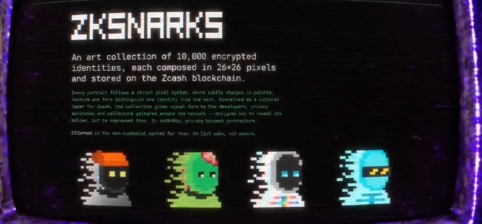 The image displays a promotional display for the "ZK$NARKS" art collection, described as "An art collection of 10,000 encrypted identities, each composed in 26x26 pixels and stored on the Zcash blockchain," with a detailed paragraph explaining that each portrait follows a strict pixel system where subtle changes in palette, texture, and face distinguish one identity from the next, conceptualized as a natural layer for Zcash that provides visual form to developers, privacy advocates, and collectors. Four pixelated character portraits—one red/gray, one green, one white, and one blue—are shown at the bottom, visually representing the encrypted identities on Zcash's blockchain mentioned in the accompanying post about the collection's deeper significance within the Zcash ecosystem.