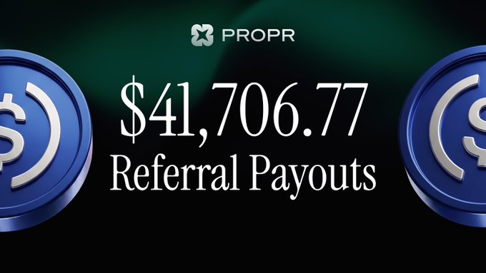 The image features a banner with two blue coins, one of which has a dollar sign on it. The text "PROPR" is written above the coins, and below them, there's some text that reads "41,707 Referral Payouts". This suggests that the image might be related to a promotional campaign for a company or service offering referral payments for promoting their products or services.