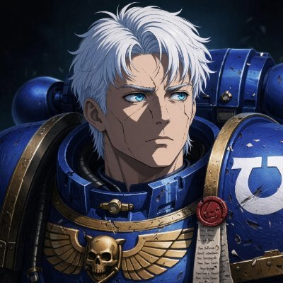 Anime-style illustration of a white-haired warrior with blue eyes wearing blue and gold Ultramarines power armor featuring a skull emblem and Ultra symbol.