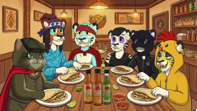 A colorful cartoon illustration depicts various anthropomorphic animal characters, including a cat in a military uniform, gathered around a table eating tacos and drinking beer.