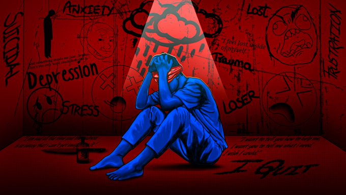 An illustration depicts a blue figure sitting on the floor with their head in their hands under a spotlight, surrounded by red walls covered in graffiti and words like 'Depression', 'Anxiety', 'Stress', 'Trauma', 'Lost', and 'I QUIT'.