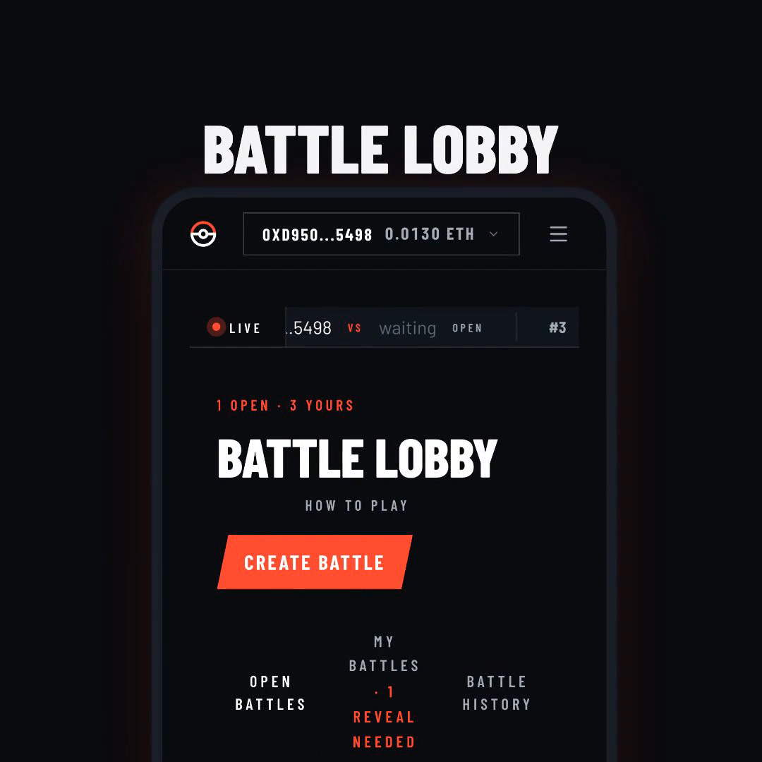 A mobile app interface titled 'BATTLE LOBBY' showing a cryptocurrency wallet address '0XD950...5498' with a balance of '0.0130 ETH', featuring a 'CREATE BATTLE' button and sections for 'OPEN BATTLES', 'MY BATTLES', and 'BATTLE HISTORY'.