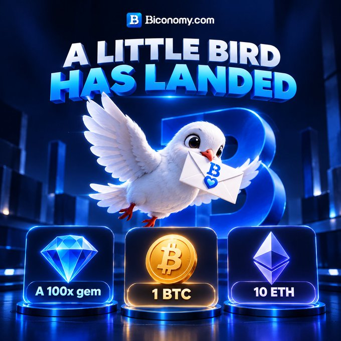 A promotional image for Bconomy.com features a white dove carrying an envelope with the BTC logo, above prizes of "A 100x gem", "1 BTC", and "10 ETH", with the text "A LITTLE BIRD HAS LANDED".