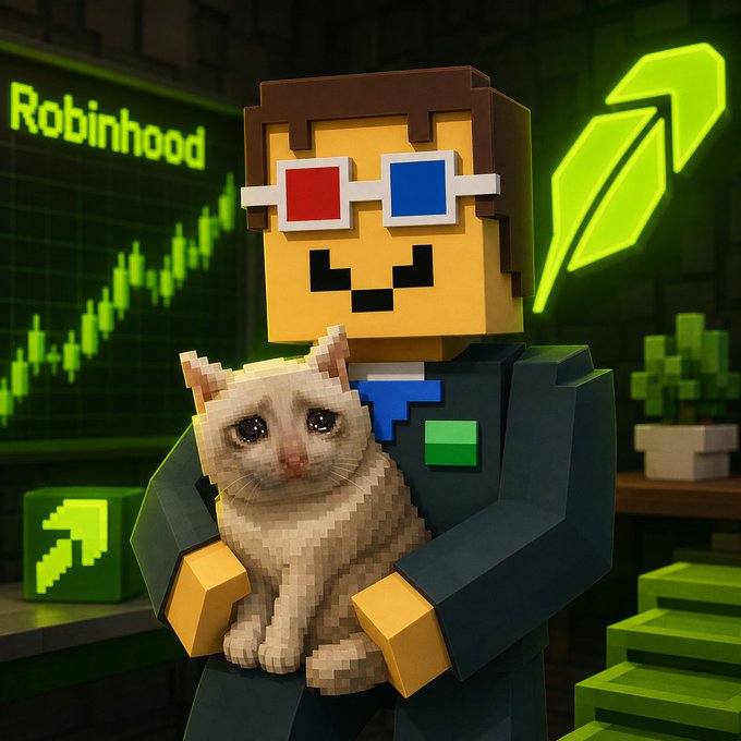 A pixel art character wearing 3D glasses and a suit holding a cat, set against a background featuring the 'Robinhood' logo, a green stock chart, and an upward arrow.