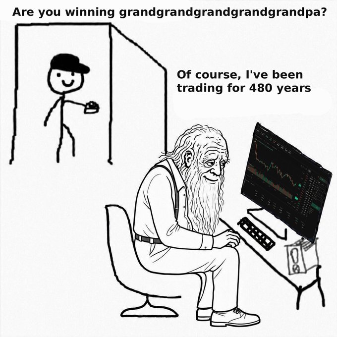A meme shows a stick figure asking "Are you winning grandgrandgrandgrandgrandpa?" while an elderly bearded man at a trading desk responds, "Of course, I've been trading for 480 years." The joke ties into the caption by humorously suggesting that the grandfather has been trading on Solana long enough to accumulate 480 years of experience—playfully exaggerating his longevity as a veteran crypto trader.