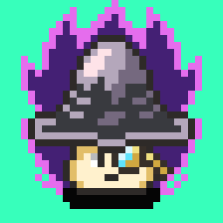 A pixel art illustration of a hooded figure with a glowing white eye, set against a pink and purple flame-like background on a turquoise backdrop.
