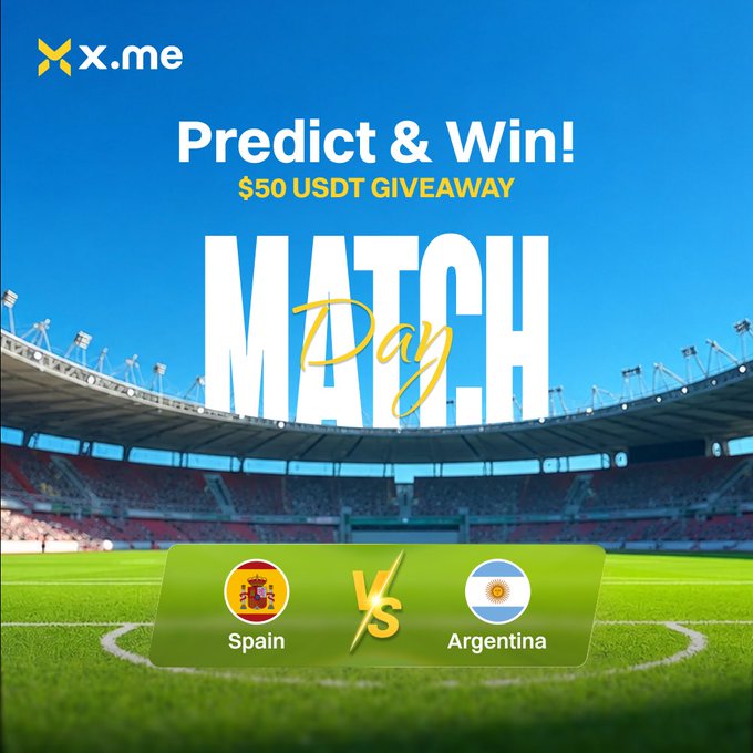 A promotional graphic for X.me's "$50 USDT GIVEAWAY" featuring a "Predict & Win!" matchday challenge between Spain and Argentina, displayed with their national team crests over a soccer stadium backdrop. The visual directly supports the giveaway announcement, encouraging followers to predict the Spain vs. Argentina match outcome for a chance to win $10 USDT prizes.