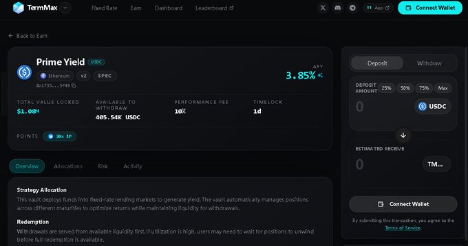 The TermMax Fixed Rate Earn page showing a Prime Yield USDC vault on Etherenum with a 3.85% APY, $1.08M total value locked, 405.54K USDC available to withdraw, and a 14-day timelock.