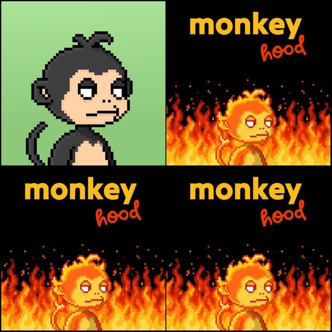 A four-panel meme featuring a pixelated monkey character, with one panel showing it calmly on a green background and three panels showing it in flames with the text 'monkey hood'.