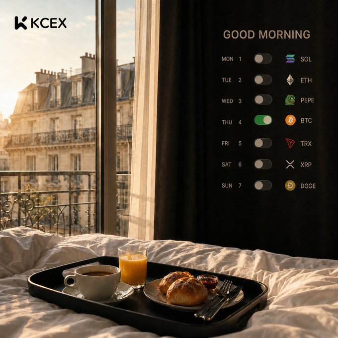 A 'GOOD MORNING' graphic from KCEX showing a breakfast tray by a window overlooking Paris, alongside a toggle list for the week featuring crypto tickers SOL, ETH, PEPE, BTC, TRX, XRP, and DOGE.