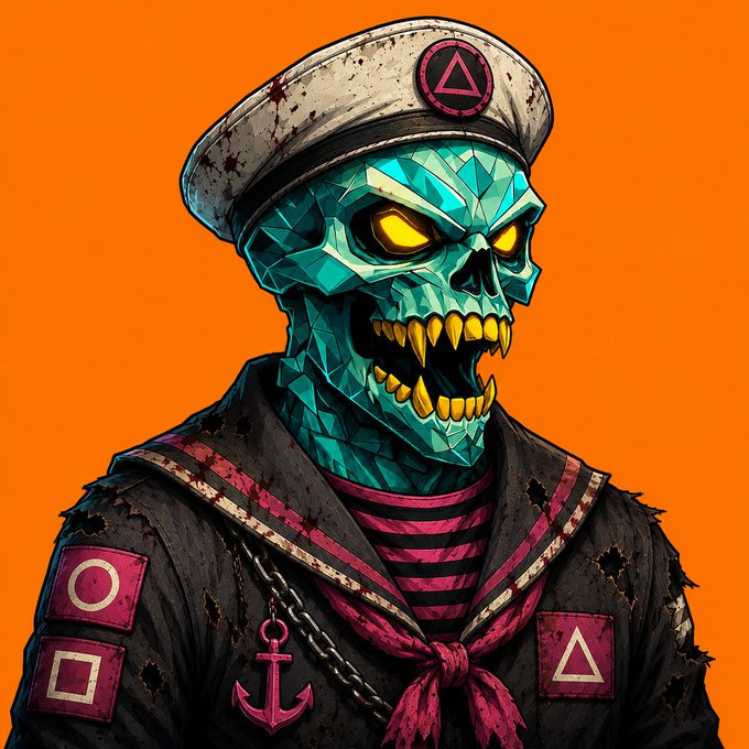 A menacing teal-skinned zombie captain with glowing yellow eyes, gold fangs, and a pirate hat featuring a triangle symbol stares forward in a tattered uniform with an anchor pendant and geometric patches, set against a vibrant orange background. The grinning undead sailor embodies the "GM GN We are still alive" post's jubilant survival energy, with its wide, toothy grin mirroring the cheerful crypto community's morning greeting.