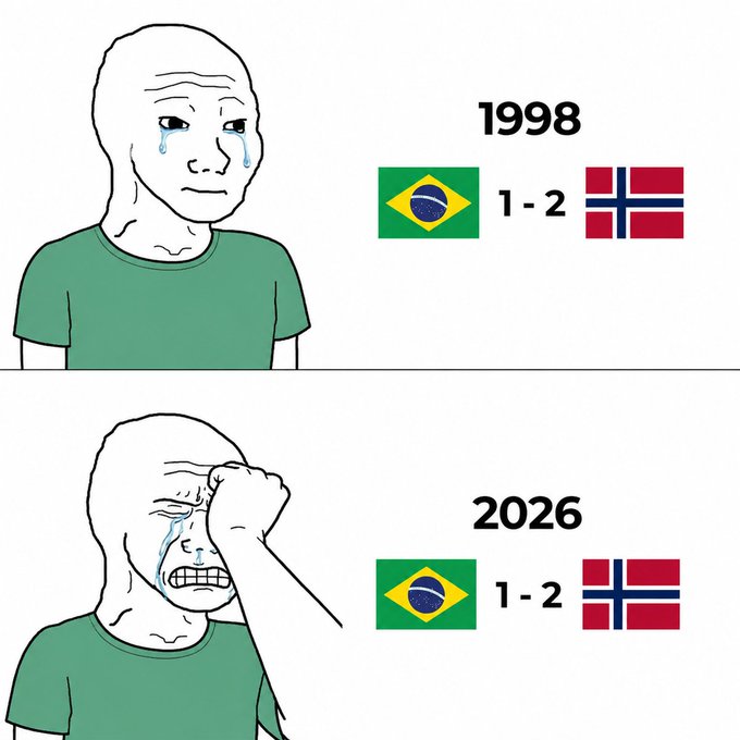 The image is a two-panel "wojak" meme showing a crying Brazilian fan, with the top panel depicting a 1998 Brazil 1-2 Norway loss and the bottom panel showing the same 1-2 scoreline repeated in 2026, illustrating the post's theme that "some charts really do repeat themselves."