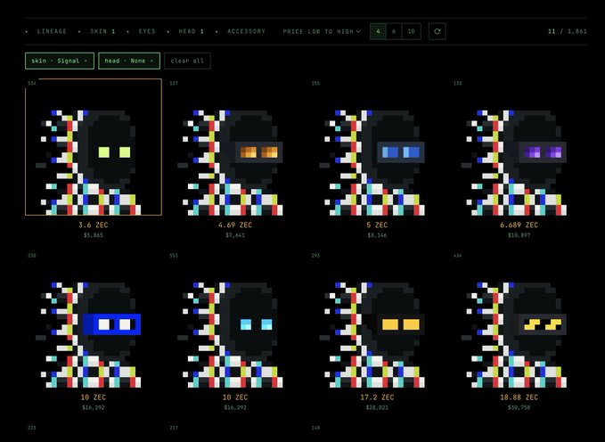 A CryptoPunks marketplace listing page showing pixelated NFT character heads for sale, priced in ZEC, with listings ranging from $5,865 to $26,758.