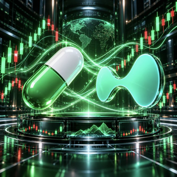 A futuristic display showcases a glowing green capsule pill and abstract shapes encircled by vibrant green and red candlestick charts, symbolizing the launch of PumpFun's new crypto perpetual futures powered by Hyperliquid. A digital globe and data streams in the background reinforce the global, high-tech trading platform narrative.