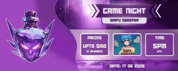 The image features a purple advertisement that promotes a gaming event called "Game Night". The event's theme is centered around a game similar to "Wii-surfing" or "Mii-sport", where players can interact with a cartoon character named "@Waifusweeper". It appears to be an online gaming tournament, and the post suggests that there are prizes available up to $150 for those who participate. The event is scheduled to take place from 17 June to 5 PM UTC (Eastern Time).