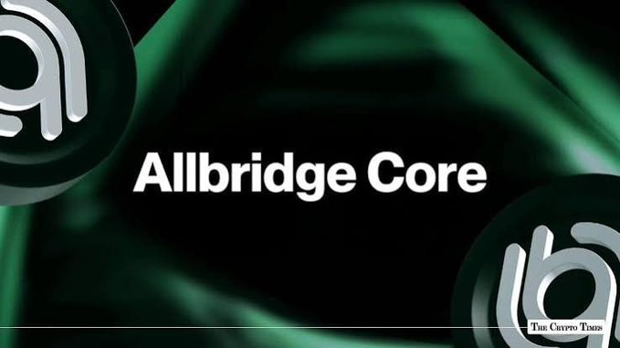 A dark promotional graphic with green accents displaying the text 'Allbridge Core' alongside the Allbridge logo and 'The Crypto Times' watermark.