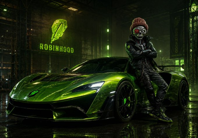 A skeletal figure in a beanie leans on a neon‑green hypercar beneath the glowing Robinhood logo, with the $WIF ticker referenced in the post.