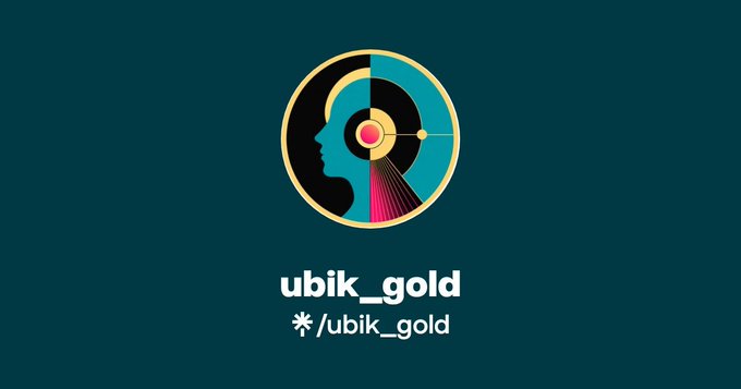 A logo for 'ubik_gold' featuring a circular design with a human profile silhouette in black, teal, yellow, and pink.