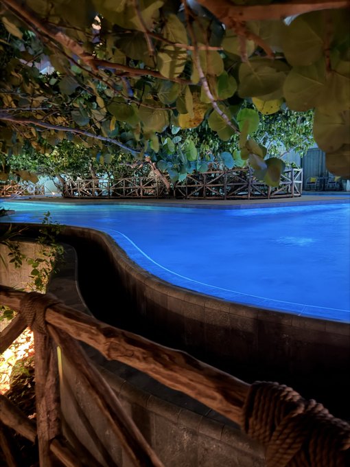 A glowing turquoise pool is framed by twisted wooden railings and overhanging leafy branches at night, creating a tropical resort ambiance. The "GN" post likely refers to the garden/nature setting depicted in this tranquil, dimly lit scene.