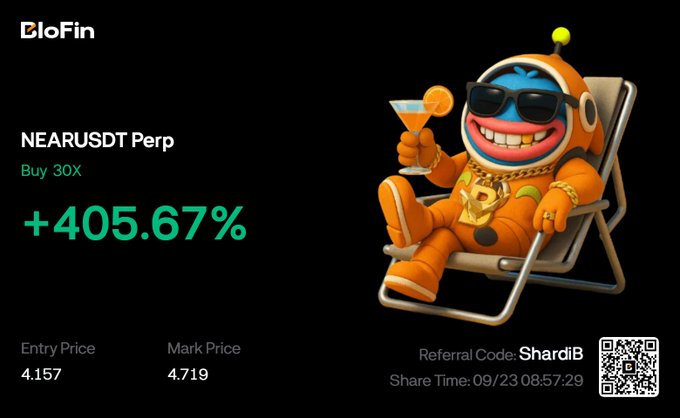 A BloFin promotional graphic displays a NEARUSDT Perp long position with a 30X leverage gain of +405.67%, featuring entry price 4.157 and mark price 4.719, accompanied by a cartoon character lounging in a beach chair with a cocktail. The "Still riding this $NEAR position" caption refers to the significant profit shown, encouraging viewers to join using referral code "ShardiB" linked in the post.