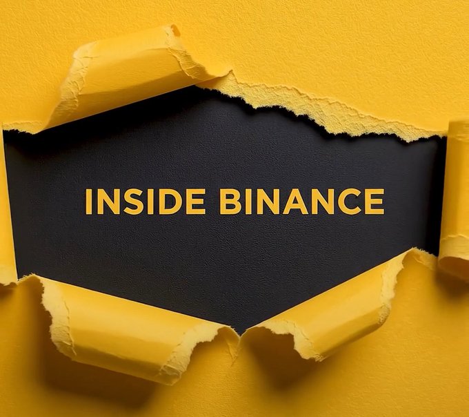 The image shows yellow paper torn open to reveal a black background with the bold yellow text "INSIDE BINANCE," visually symbolizing the "seal being broken" as the post announces the unveiling of the first episode of Inside Binance.