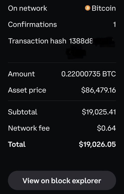 A screenshot of a Bitcoin transaction confirmation showing 0.22000735 BTC (~$19,026.05) sent with just $0.64 in network fees and 1 confirmation, illustrating the post's point about Bitcoin's fast, low-cost, unstoppable peer-to-peer value transfer.