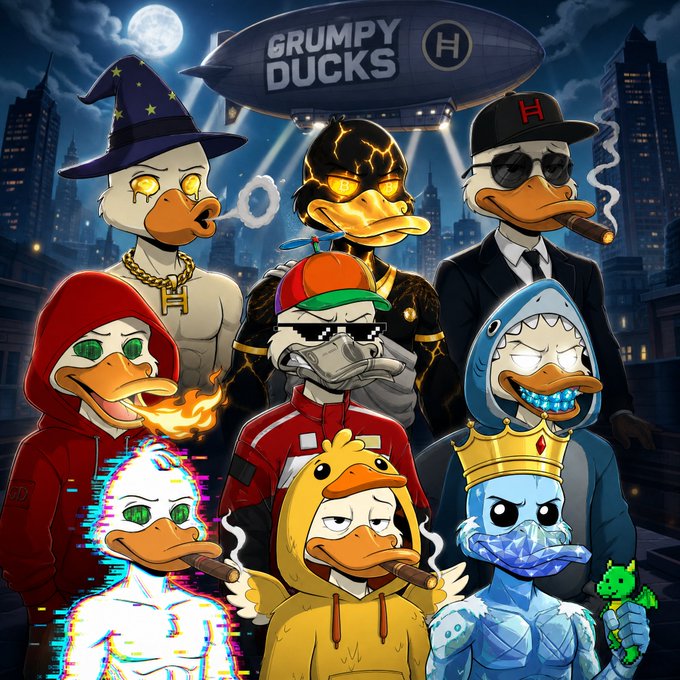 An illustration of various cartoon duck characters in different costumes against a nighttime city backdrop, with a blimp overhead displaying the text 'GRUMPY DUCKS' and an 'H' logo.