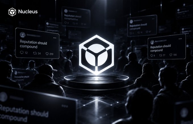 A dark promotional graphic for "Nucleus" featuring a hexagonal logo surrounded by floating cards displaying the text "Reputation should compound."