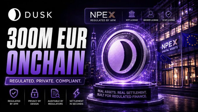 A promotional banner for 'DUSK' announces '300M EUR ONCHAIN' with the tagline 'REGULATED. PRIVATE. COMPLIANT.', highlighting features like 'REGULATED BY AFM', 'PRIVACY BY DESIGN', 'AUDITABLE BY REGULATORS', and 'SETTLEMENT IN SECONDS' alongside NPEX licensing information.
