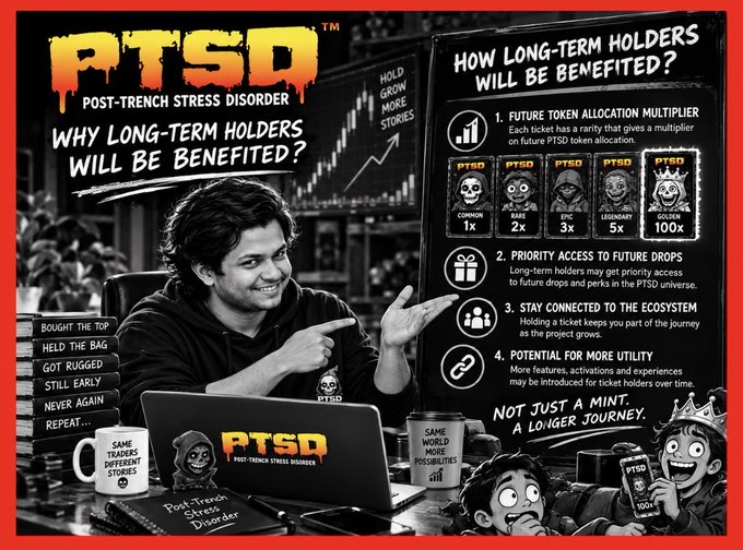 A marketing graphic for 'PTSD - Post-Trench Stress Disorder' meme token, detailing benefits for long-term holders including future token allocation multipliers (Common 1x to Golden 100x) and priority access to future drops.