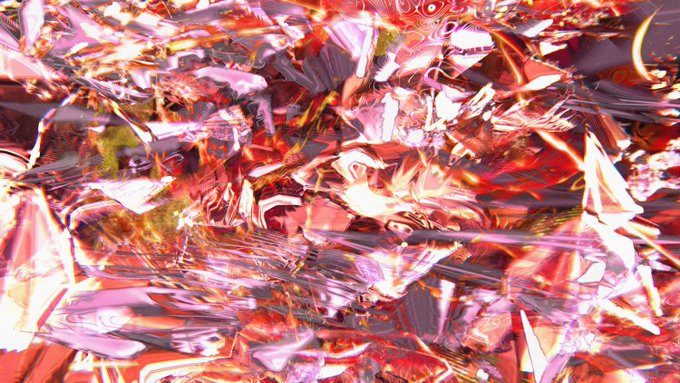 An abstract digital artwork with sharp, crystalline geometric shapes in vibrant shades of pink, red, magenta, and white creating a chaotic, fractured composition.