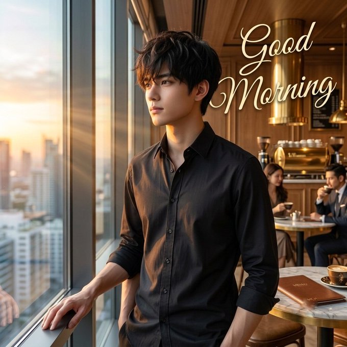 A young man in a black shirt looks out a window in a high-rise cafe, with the text "Good Morning" overlaid on the image. The image serves as a visual "Good Morning" greeting to accompany the post's discussion regarding the $RIVER ecosystem and market conditions.