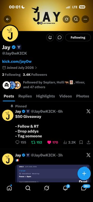 A mobile screenshot of the X (Twitter) profile "Jay" (@Jay0wKICK) showing a pinned $50 giveaway post with instructions to follow, RT, drop addys, and tag someone.