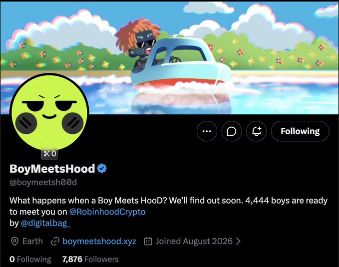 Twitter/X profile for @boymeetsh00d (BoyMeetsHood), with bio reading 'What happens when a Boy Meets Hood? We'll find out soon. 4,444 boys are ready to meet you on @RobinhoodCrypto by @digitalbag_' and 7,876 followers.