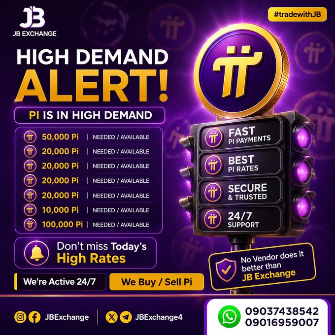 A promotional advertisement for "JB EXCHANGE" advertising high demand and rates for buying and selling Pi cryptocurrency, with contact numbers 09037438542 and 09016959007.