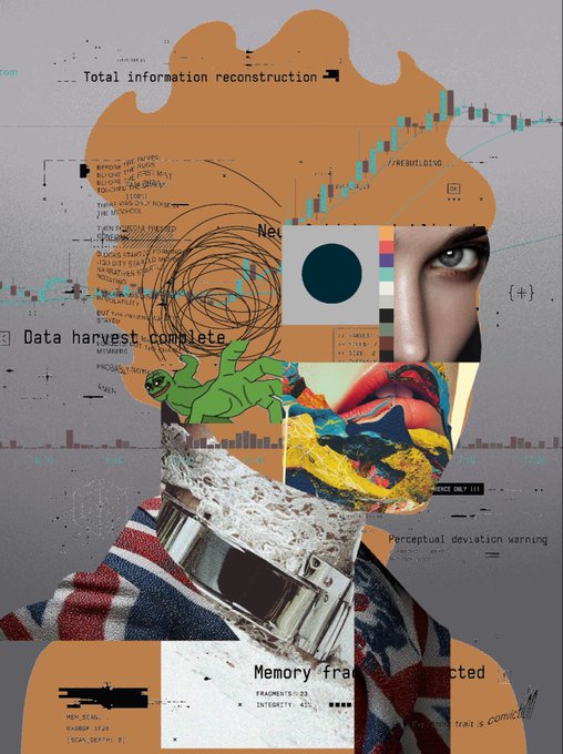 A mixed-media collage artwork featuring a human silhouette filled with various elements including a pixelated eye, a colorful mouth, a watch, graphs, and text overlays like 'Total information reconstruction' and 'Memory fragmented'.