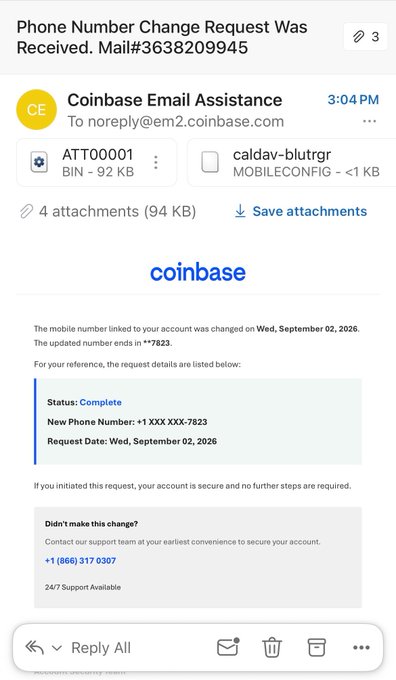 A screenshot of a fraudulent email claiming to be from Coinbase (noreply@em2.coinbase.com) notifying the recipient that their phone number has been changed to one ending in **7823** on Wed, September 02, 2026, and providing a fake support number **+1 (866) 317 0307** to call if the change was unauthorized—a phishing scam mimicking legitimate account security alerts.