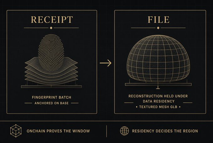 A dark graphic design showing a 'RECEIPT' panel with a fingerprint image labeled 'FINGERPRINT BATCH ANCHORED ON BASE' pointing to a 'FILE' panel showing a golden wireframe sphere labeled 'RECONSTRUCTION HELD UNDER DATA RESIDENCY TEXTURED MESH GLB', with footer text 'ONCHAIN PROVES THE WINDOW' and 'RESIDENCY DECIDES THE REGION'.