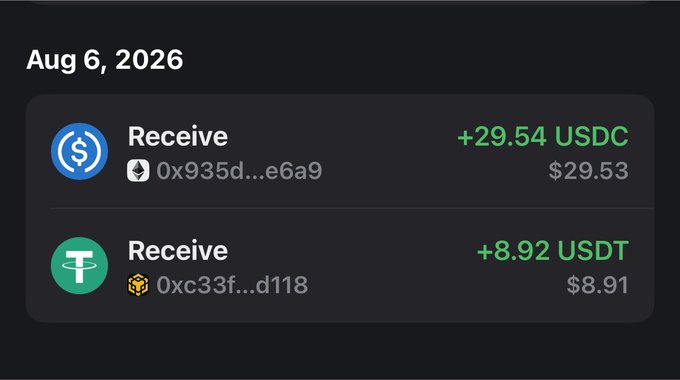A cryptocurrency wallet transaction history dated Aug 6, 2026, showing two "Receive" entries for +29.54 USDC ($29.53) and +8.92 USDT ($8.91).