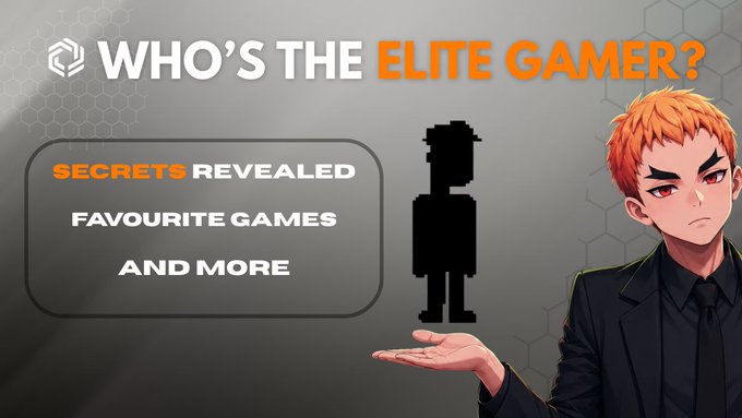 The image features a cartoon man with an orange hair, dressed in black clothing, holding up his hand as if he's giving advice or sharing information about video games. The background of the image has a gray color scheme, which complements the cartoon character. The text on the image reads "Who's the Elite Gamer? Secrets Revealed: Favourite Games and More".