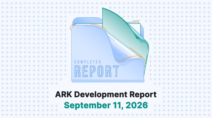 A presentation slide titled 'ARK Development Report' dated September 11, 2026, featuring a folder graphic labeled 'COMPLETED REPORT'.