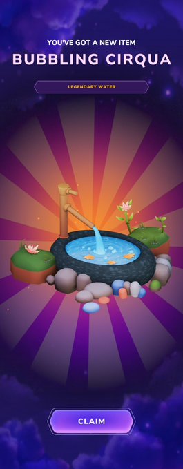 A mobile game reward screen announcing 'YOU'VE GOT A NEW ITEM - BUBBLING CIRQUA' as a Legendary Water item, featuring a 3D-rendered well with fish and lily pads, with a CLAIM button below.