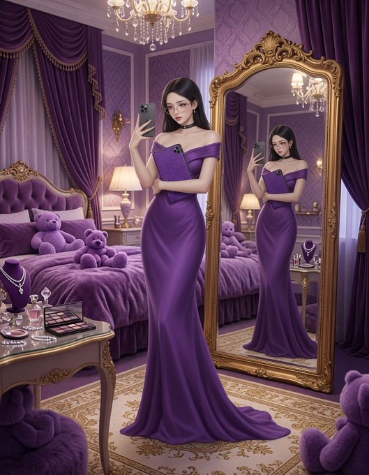 An AI-generated image of a woman in an elegant purple off-the-shoulder gown taking a selfie in an ornate gold mirror, standing in a luxurious purple-themed bedroom with a chandelier and teddy bears.