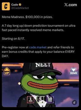 A promotional tweet from Cade (@CadeMarket) announcing Meme Madness with $100,000 in prizes, featuring a Pepe character wearing a "NEET" cap with betting odds shown.