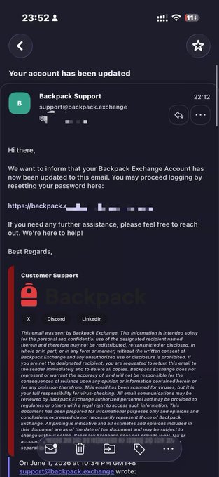 The image shows an email message displayed on a cell phone screen. The text of the email appears to be in a foreign language or written in a different script, which might make it difficult for some people to read. The email contains information about Backpack Support and airdrop emails. It also mentions that there is a QQ email bound to this message, but it seems to have been blocked by an automated system.