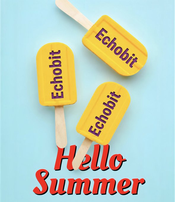 Three yellow popsicles each labeled "Echobit" are arranged on a light blue background, paired with the bold red text "Hello Summer" to visually echo the post's cool-down message in response to a hot crypto market.